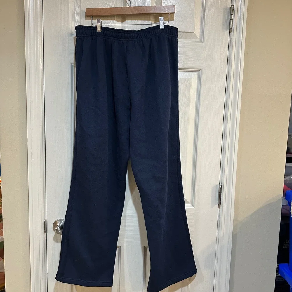 Adidas Navy Blue Fleece Sweatpants Mens Large Straight Leg 3‎ Stripe Track Pants